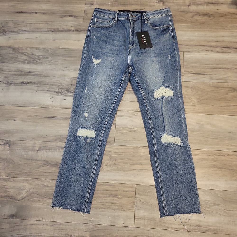 RISEN High Rise Jeans Womens 32/15 Blue Distressed Skinny Denim  Raw Hem  NEW